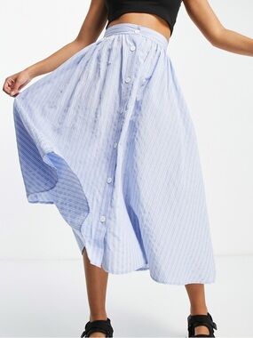 ASOS Light Blue Striped Button-Front Midi Skirt size 6